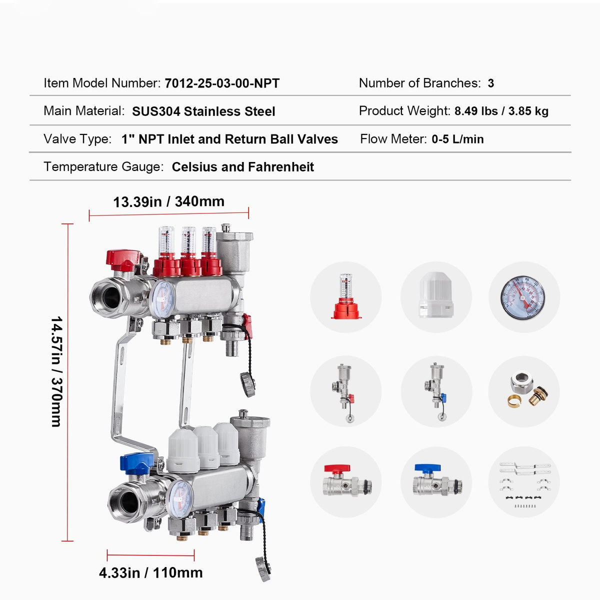 3-Branch Radiant Heat Manifold, 1/2" PEX Tubing Manifold, Stainless Steel PEX Manifold for Hydronic Radiant Floor Heating, Radiant Heat PEX Manifold Kit with 1/2" Adapters Included