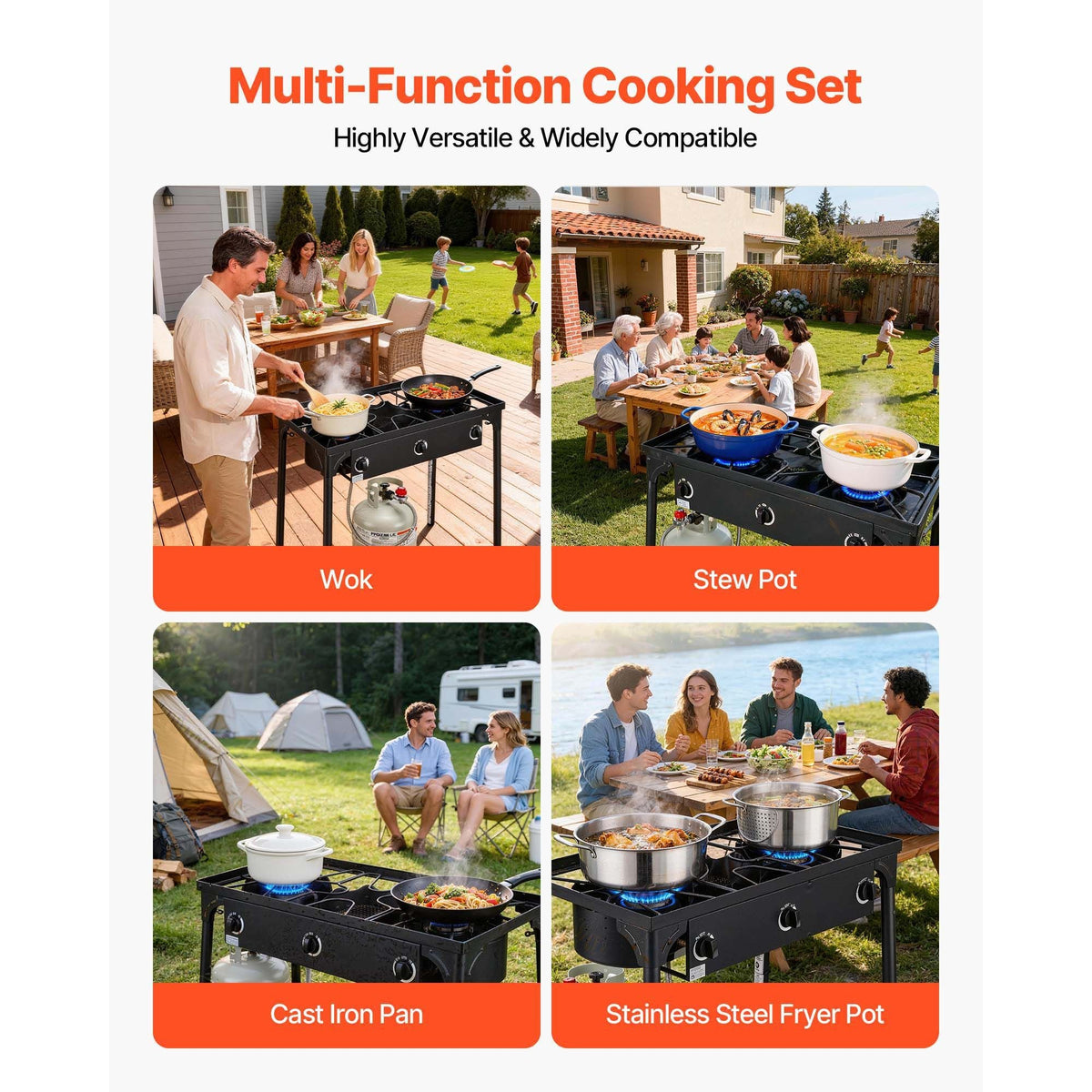 3 Burner Outdoor Propane Gas Stove, 225,000 BTU Propane LPG Gas Camping Stove, Heavy-duty Carbon Steel Outdoor Cooker, with Shield & Tall Stand & Regulator, for BBQ Camp Home Patio Backyard