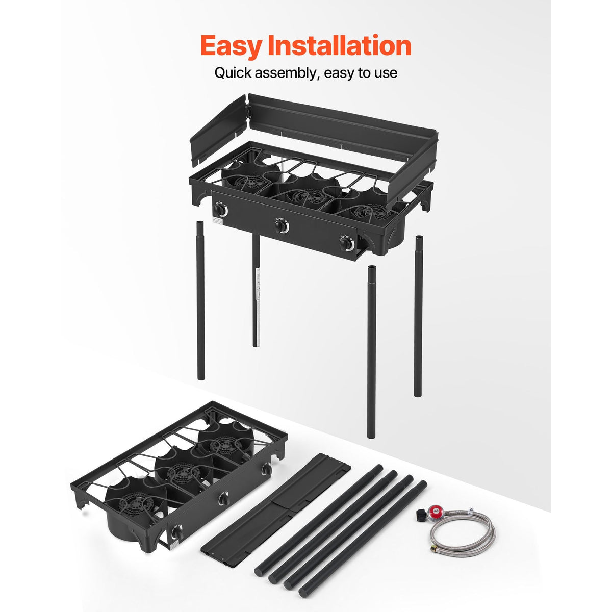 3 Burner Outdoor Propane Gas Stove, 225,000 BTU Propane LPG Gas Camping Stove, Heavy-duty Carbon Steel Outdoor Cooker, with Shield & Tall Stand & Regulator, for BBQ Camp Home Patio Backyard