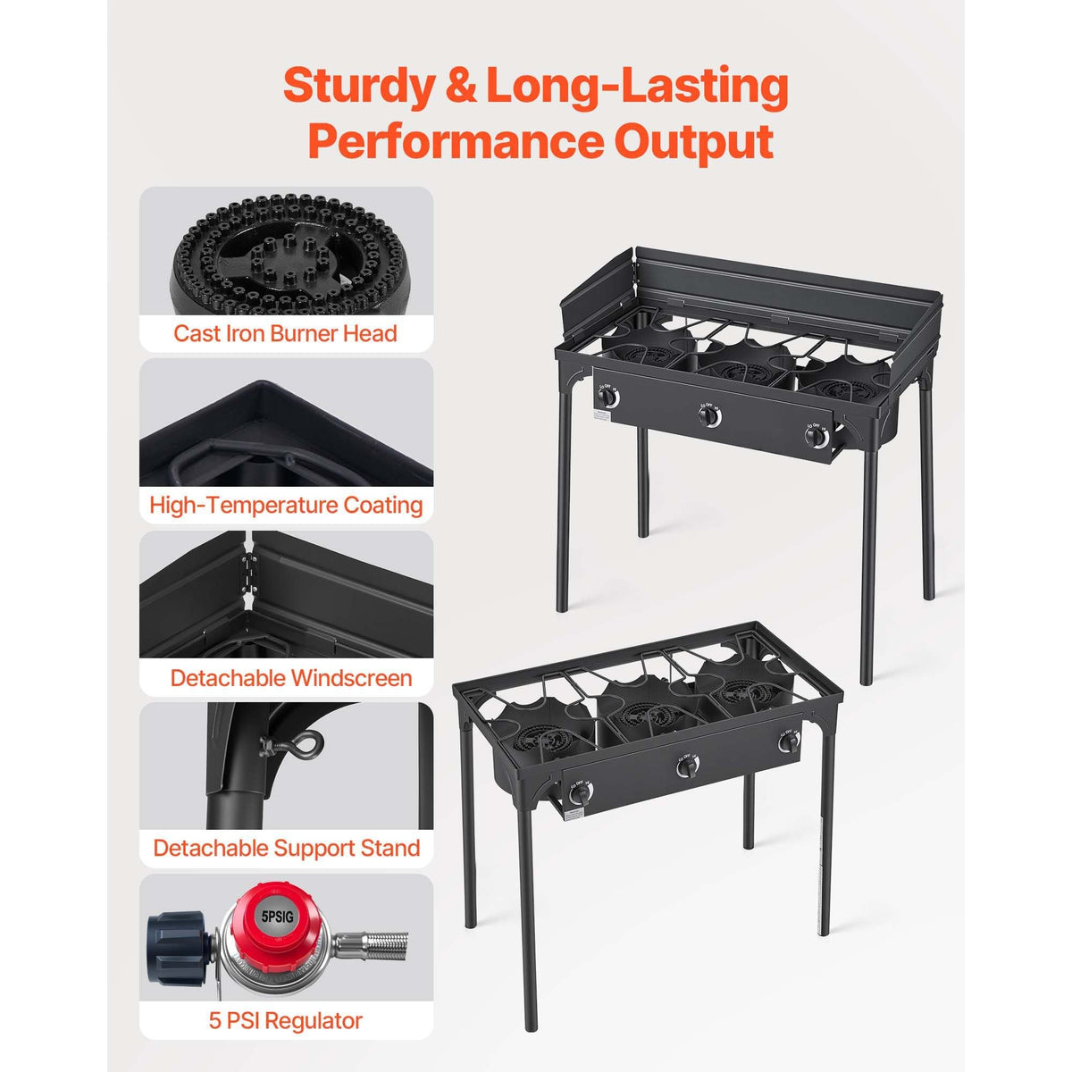 3 Burner Outdoor Propane Gas Stove, 225,000 BTU Propane LPG Gas Camping Stove, Heavy-duty Carbon Steel Outdoor Cooker, with Shield & Tall Stand & Regulator, for BBQ Camp Home Patio Backyard