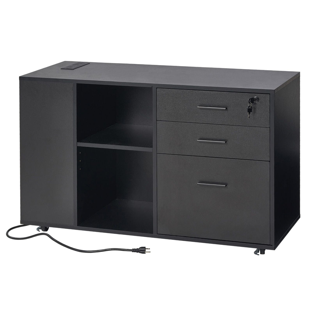 3 Drawer Wooden File Cabinet, Mobile Filing Cabinet with Power Strip, Lockable Rolling File Storage with Adjustable Shelves & 5 Wheels, Floor Standing Printer Stand for Home Office School, Black