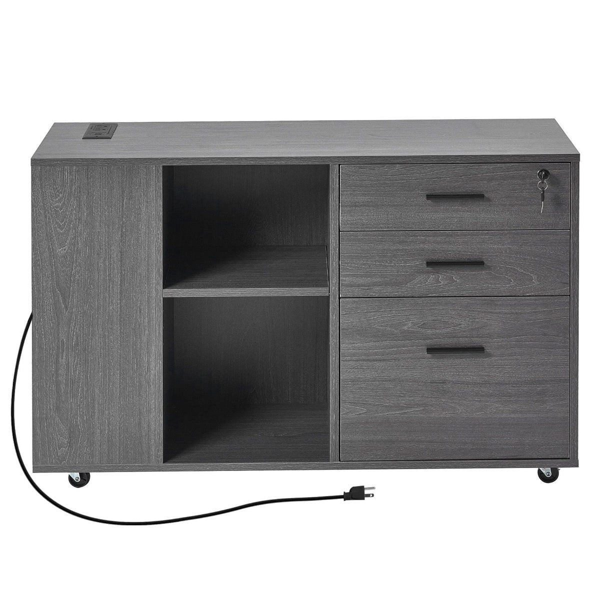 3 Drawer Wooden File Cabinet, Mobile Filing Cabinet with Power Strip, Lockable Rolling File Storage with Adjustable Shelves & 5 Wheels, Floor Standing Printer Stand for Home Office School, Gray