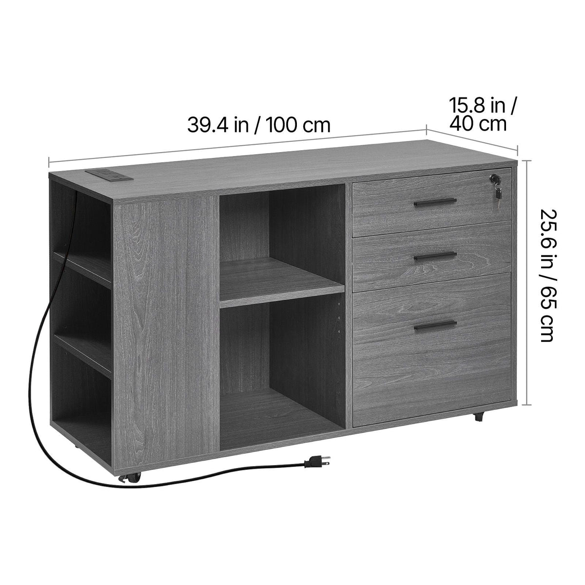 3 Drawer Wooden File Cabinet, Mobile Filing Cabinet with Power Strip, Lockable Rolling File Storage with Adjustable Shelves & 5 Wheels, Floor Standing Printer Stand for Home Office School, Gray