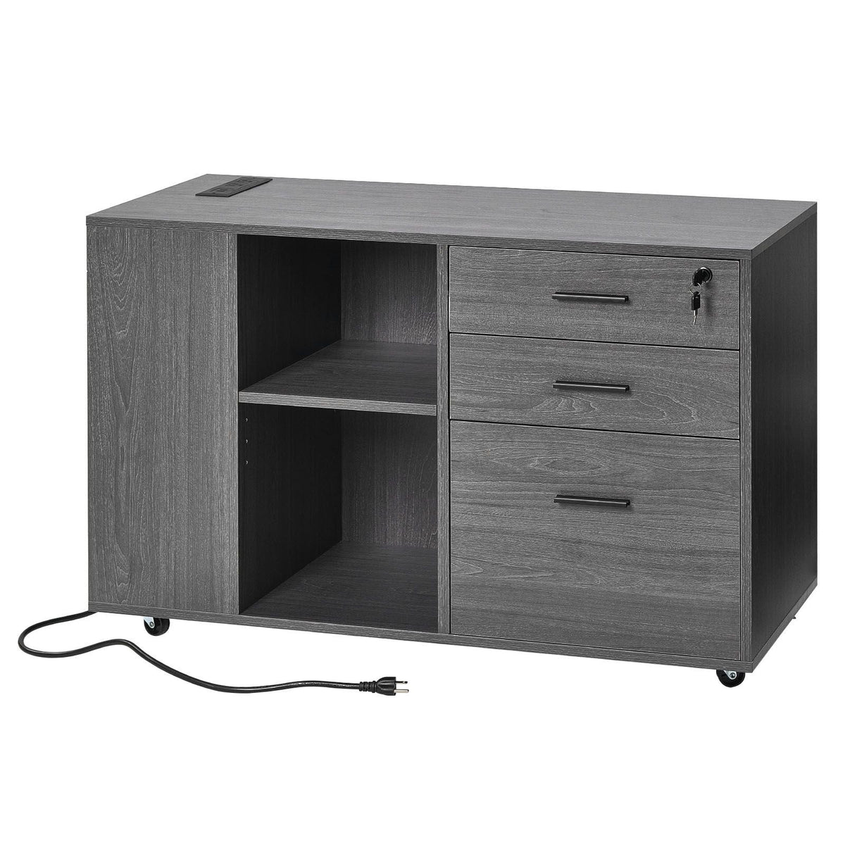 3 Drawer Wooden File Cabinet, Mobile Filing Cabinet with Power Strip, Lockable Rolling File Storage with Adjustable Shelves & 5 Wheels, Floor Standing Printer Stand for Home Office School, Gray