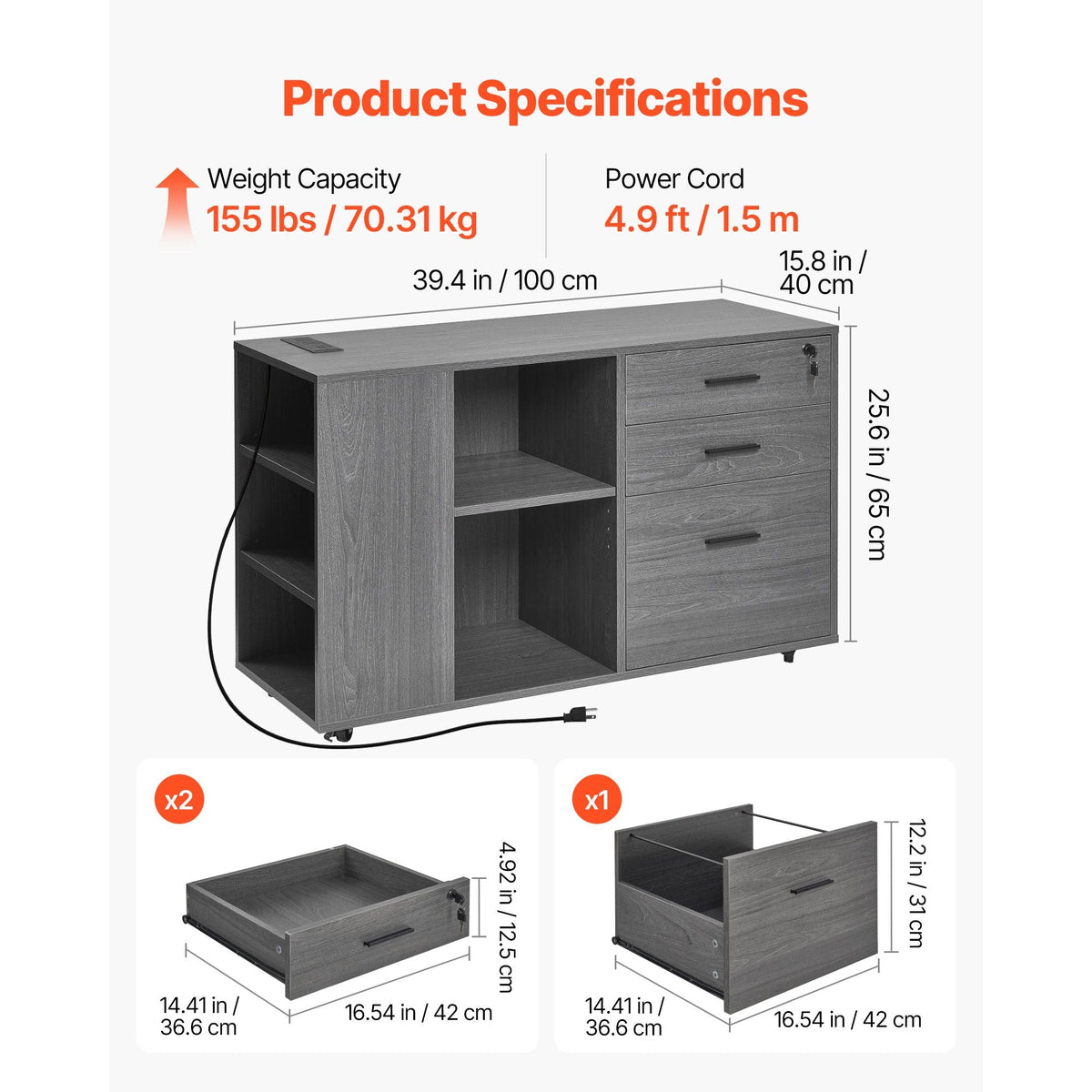 3 Drawer Wooden File Cabinet, Mobile Filing Cabinet with Power Strip, Lockable Rolling File Storage with Adjustable Shelves & 5 Wheels, Floor Standing Printer Stand for Home Office School, Gray
