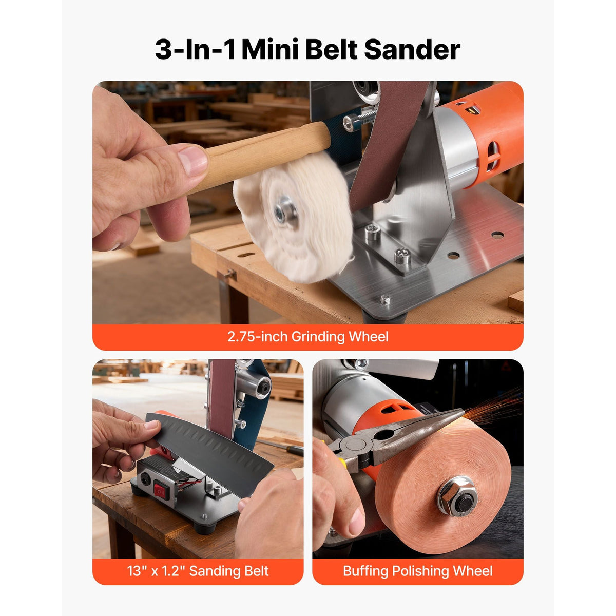 3-in-1 Mini Belt Sander, 13" x 1.2" Sanding Belt, 2.75" Grinding & Polishing Wheel Combo, 7-Speed Adjustable with Forward/Reverse Control for Woodworking, Jewelry Making, Knife Sharpening