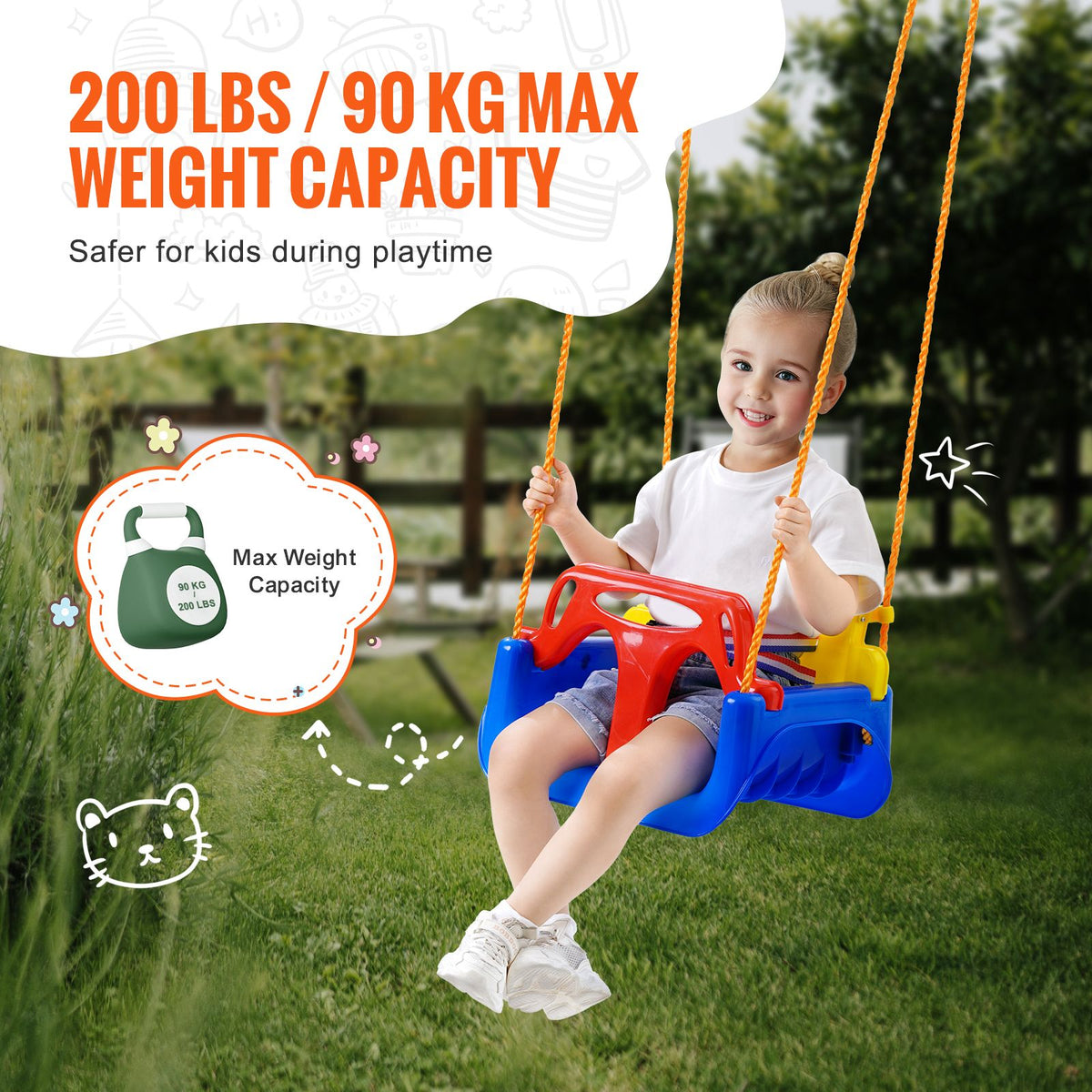 3-in-1 Toddler Swing Seat, 200 lbs Weight Capacity Baby Swing Seat, with Adjustable Ropes and Snap Hooks, Snug & Secure Detachable Infants to Teens Kids Swing Seat, for Outdoor and Indoor