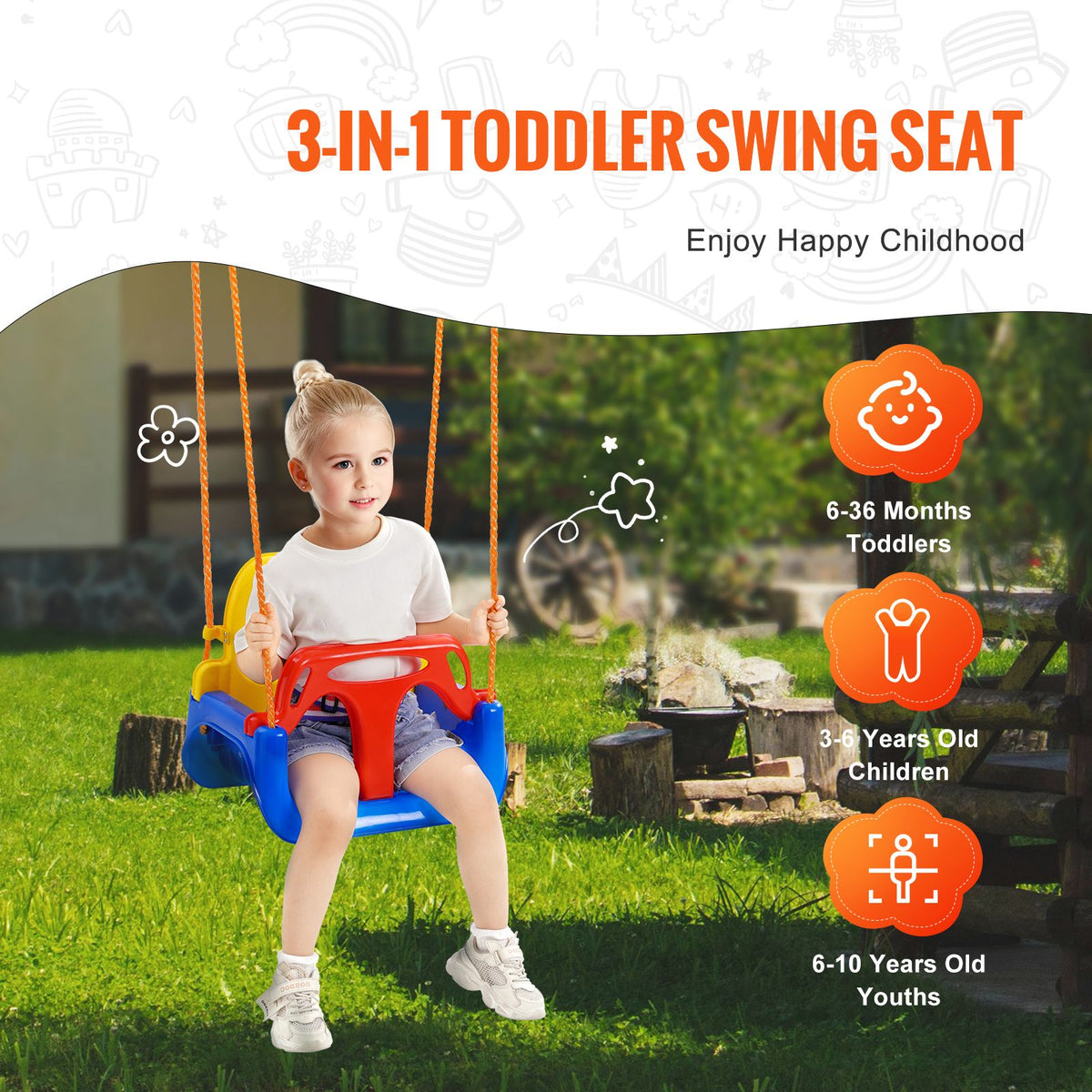 3-in-1 Toddler Swing Seat, 200 lbs Weight Capacity Baby Swing Seat, with Adjustable Ropes and Snap Hooks, Snug & Secure Detachable Infants to Teens Kids Swing Seat, for Outdoor and Indoor