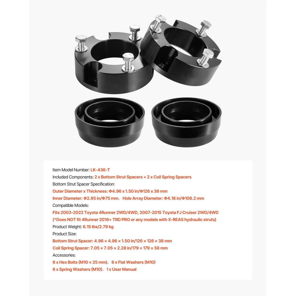 3 Inch Front and 2 Inch Rear Leveling Lift Kit for 2003-2022 Toyota 4Runner 2WD/4WD, 2007-2015 Toyota FJ Cruiser 2WD/4WD, Chassis Level Kit with 2 Bottom Strut Spacers and 2 Coil Spring Spacers