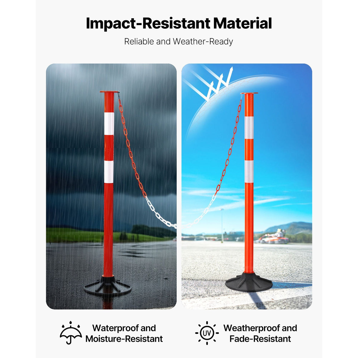 3 Pack Traffic Delineator Posts, 34 in Traffic Safety Cones with Weighted Base, Reflective Strips and Chain, Heavy Duty Delineator Posts for Construction Site, Parking Lot, Crowd Control, Red