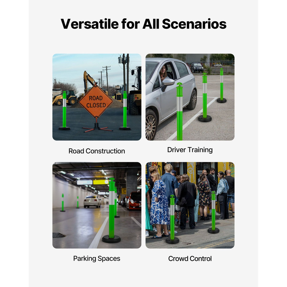3 Pack Traffic Delineator Posts, 48 inches Traffic Safety Cones with Fillable Base and Reflective Strips, Heavy Duty Delineator Posts for Construction Site, Parking Lot, Crowd Control, Green