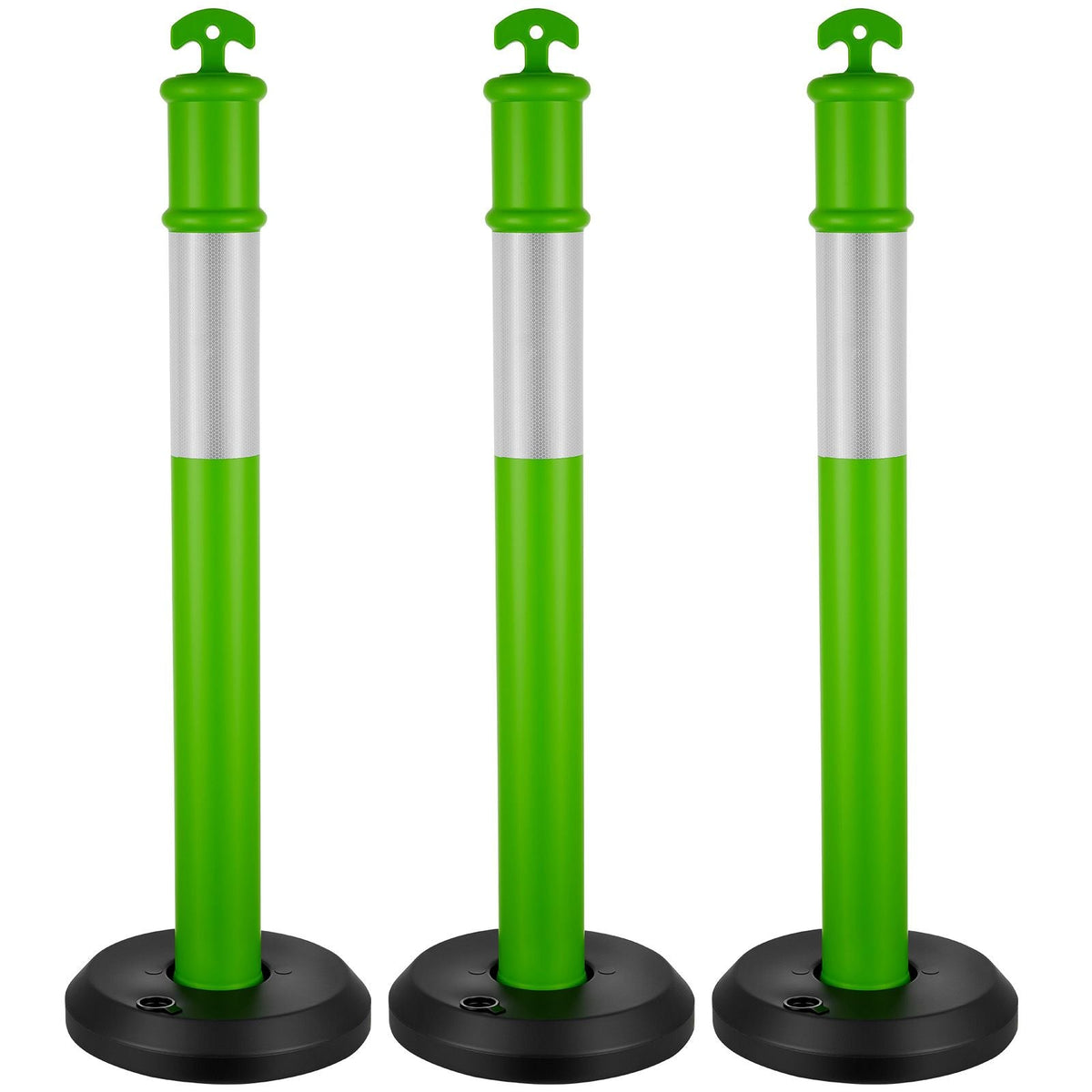3 Pack Traffic Delineator Posts, 48 inches Traffic Safety Cones with Fillable Base and Reflective Strips, Heavy Duty Delineator Posts for Construction Site, Parking Lot, Crowd Control, Green