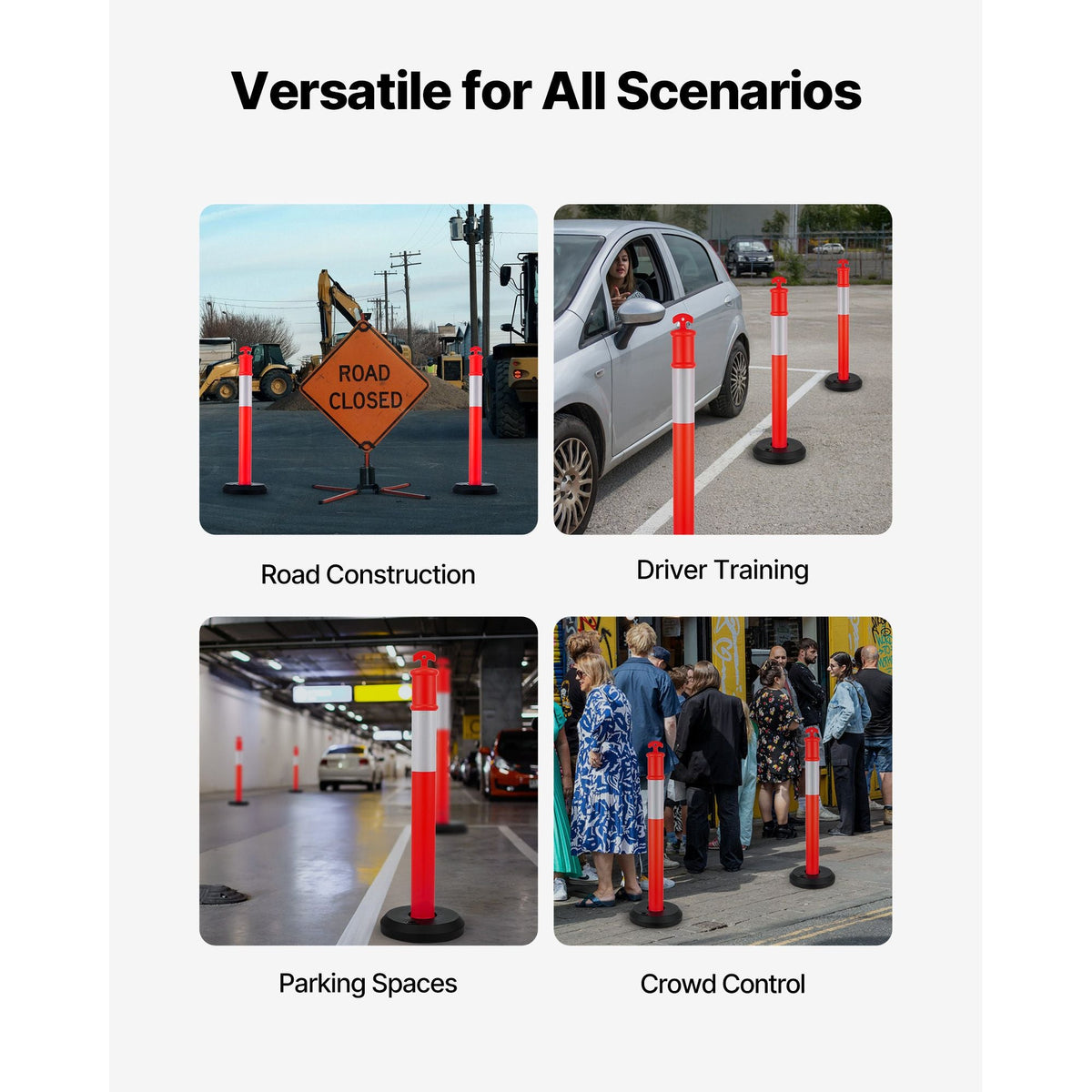 3 Pack Traffic Delineator Posts, 48 inches Traffic Safety Cones with Fillable Base and Reflective Strips, Heavy Duty Delineator Posts for Construction Site, Parking Lot, Crowd Control, Red