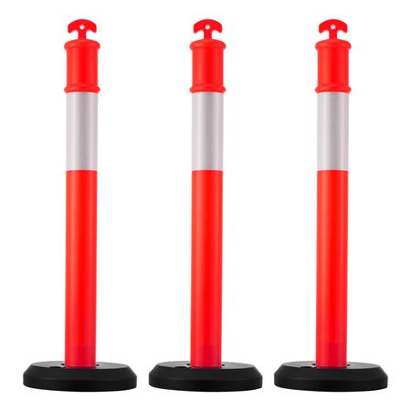 3 Pack Traffic Delineator Posts, 48 inches Traffic Safety Cones with Fillable Base and Reflective Strips, Heavy Duty Delineator Posts for Construction Site, Parking Lot, Crowd Control, Red