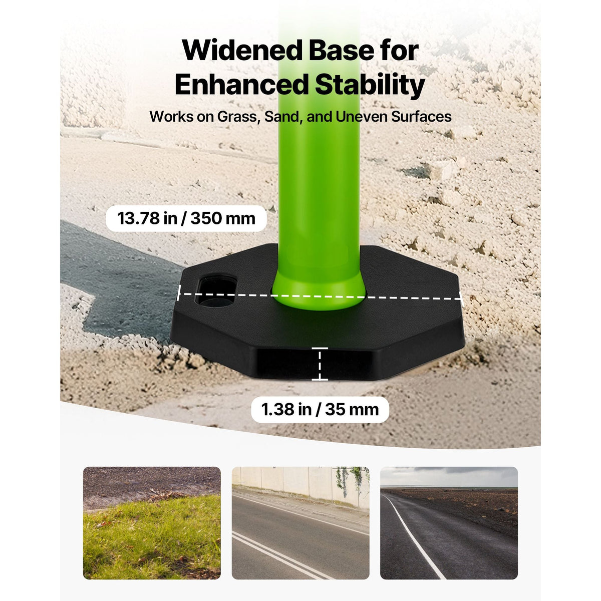 3 Pack Traffic Delineator Posts, 48 inches Traffic Safety Cones with Weighted Base and Reflective Strips, Heavy Duty Delineator Posts for Construction Site, Parking Lot, Crowd Control, Green
