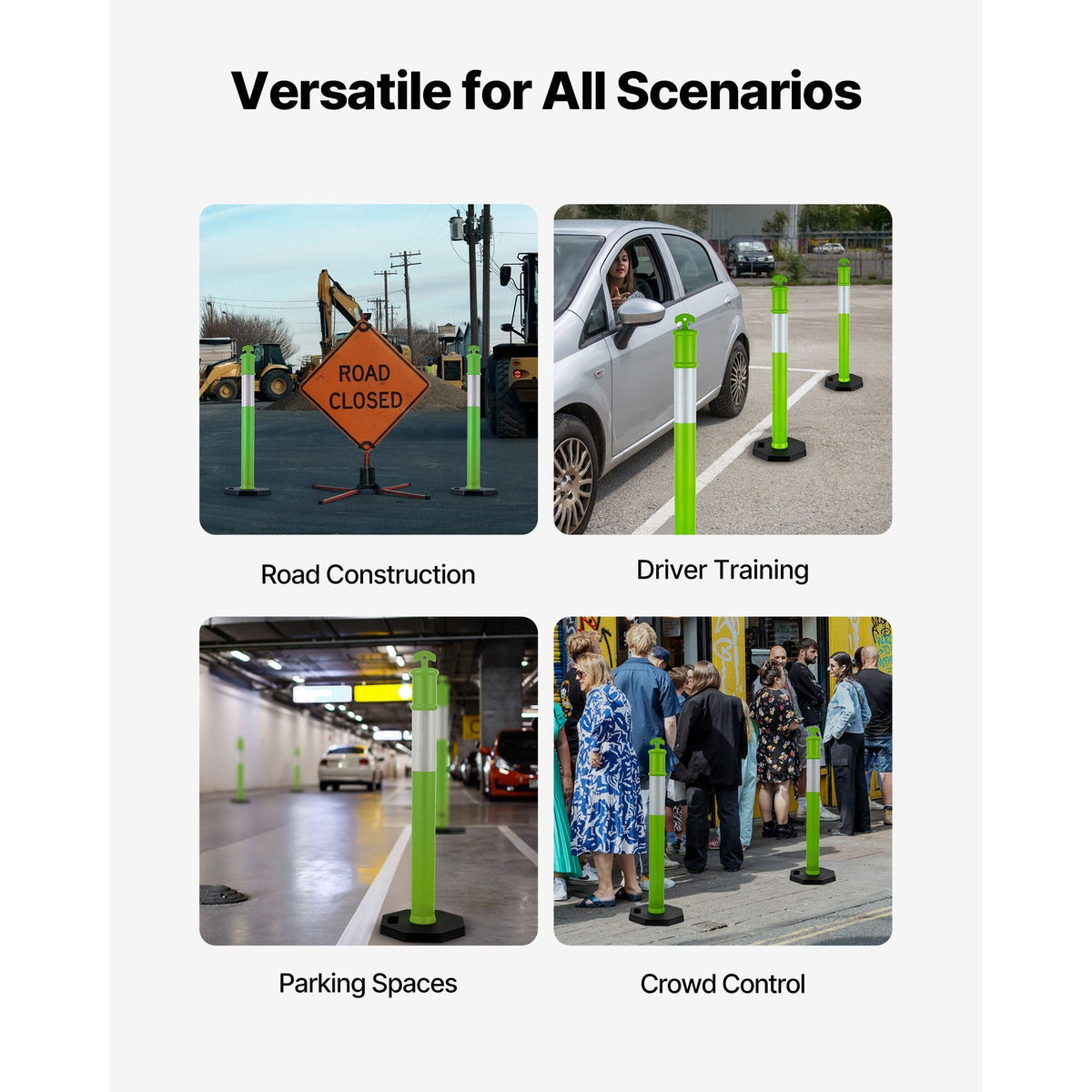 3 Pack Traffic Delineator Posts, 48 inches Traffic Safety Cones with Weighted Base and Reflective Strips, Heavy Duty Delineator Posts for Construction Site, Parking Lot, Crowd Control, Green