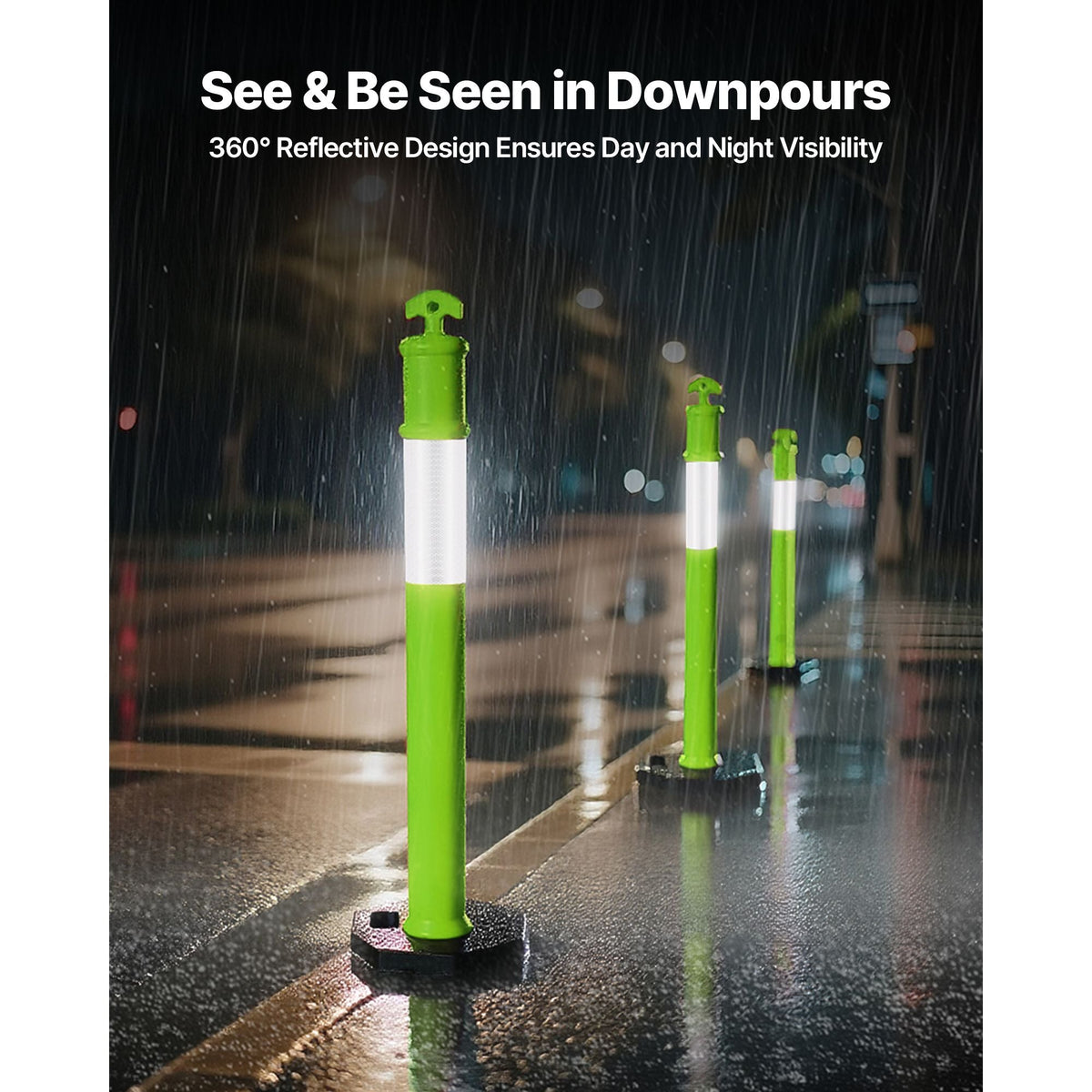 3 Pack Traffic Delineator Posts, 48 inches Traffic Safety Cones with Weighted Base and Reflective Strips, Heavy Duty Delineator Posts for Construction Site, Parking Lot, Crowd Control, Green