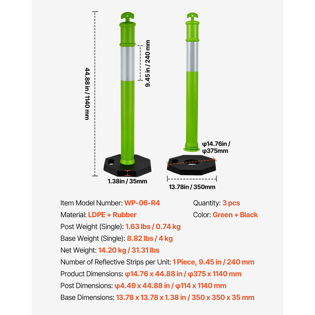 3 Pack Traffic Delineator Posts, 48 inches Traffic Safety Cones with Weighted Base and Reflective Strips, Heavy Duty Delineator Posts for Construction Site, Parking Lot, Crowd Control, Green