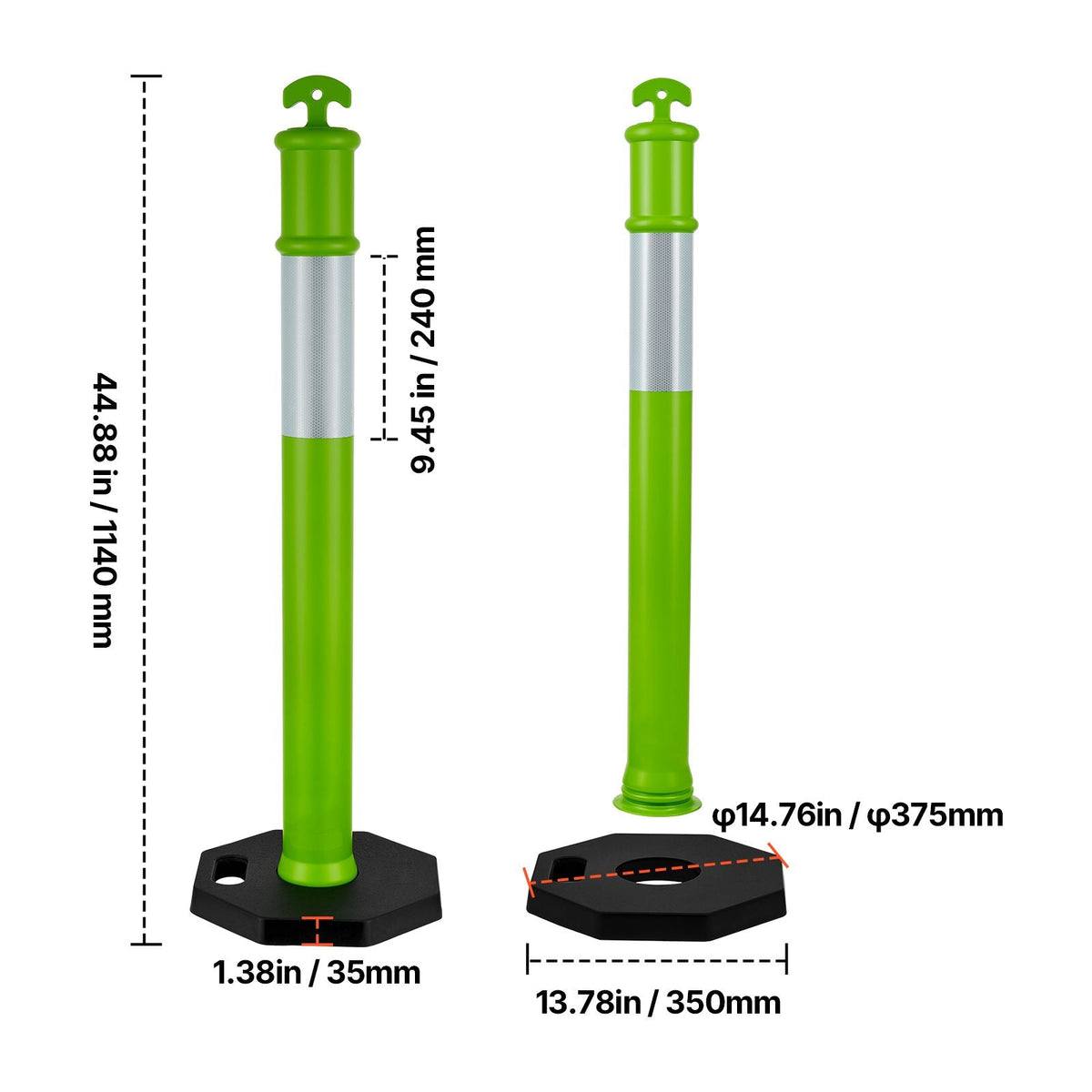 3 Pack Traffic Delineator Posts, 48 inches Traffic Safety Cones with Weighted Base and Reflective Strips, Heavy Duty Delineator Posts for Construction Site, Parking Lot, Crowd Control, Green