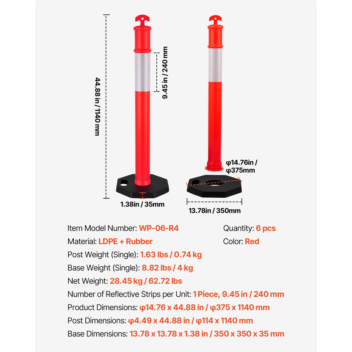 3 Pack Traffic Delineator Posts, 48 inches Traffic Safety Cones with Weighted Base and Reflective Strips, Heavy Duty Delineator Posts for Construction Site, Parking Lot, Crowd Control, Red