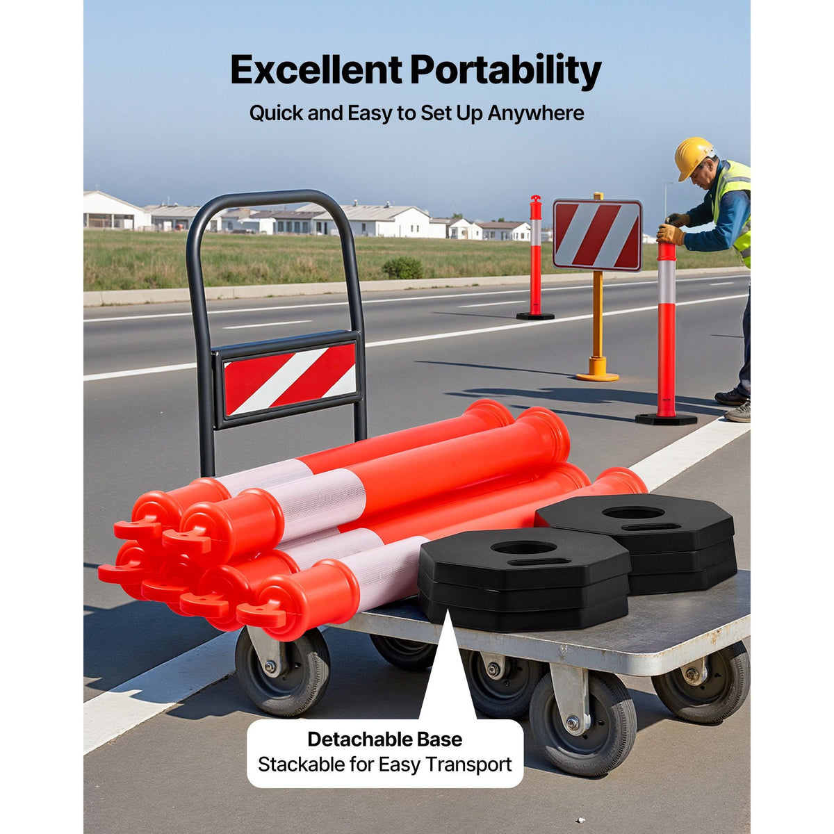 3 Pack Traffic Delineator Posts, 48 inches Traffic Safety Cones with Weighted Base and Reflective Strips, Heavy Duty Delineator Posts for Construction Site, Parking Lot, Crowd Control, Red