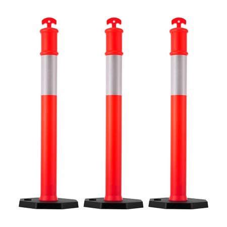 3 Pack Traffic Delineator Posts, 48 inches Traffic Safety Cones with Weighted Base and Reflective Strips, Heavy Duty Delineator Posts for Construction Site, Parking Lot, Crowd Control, Red