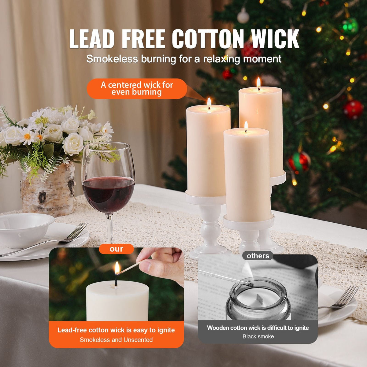 3 Pack White Unscented Pillar Candles, 65 Hours Long Burning Pillar Candle, 3 x 6 Inch Smokeless Unscented Candles, Natural Palm Wax Candles for Home, Weddings, Christmas, White