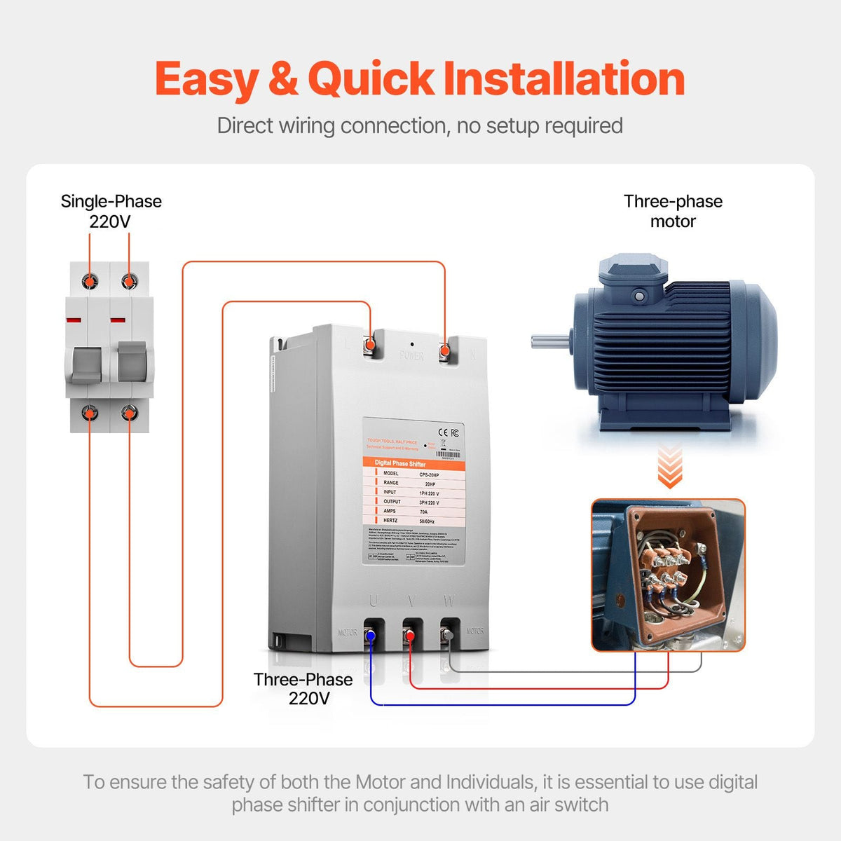 3 Phase Converter - 20HP 70A 220V Single Phase to 3 Phase Converter, 220V Input/Output, Digital Phase Shifter for Residential & Light Commercial Use (One Converter for One Motor Only)