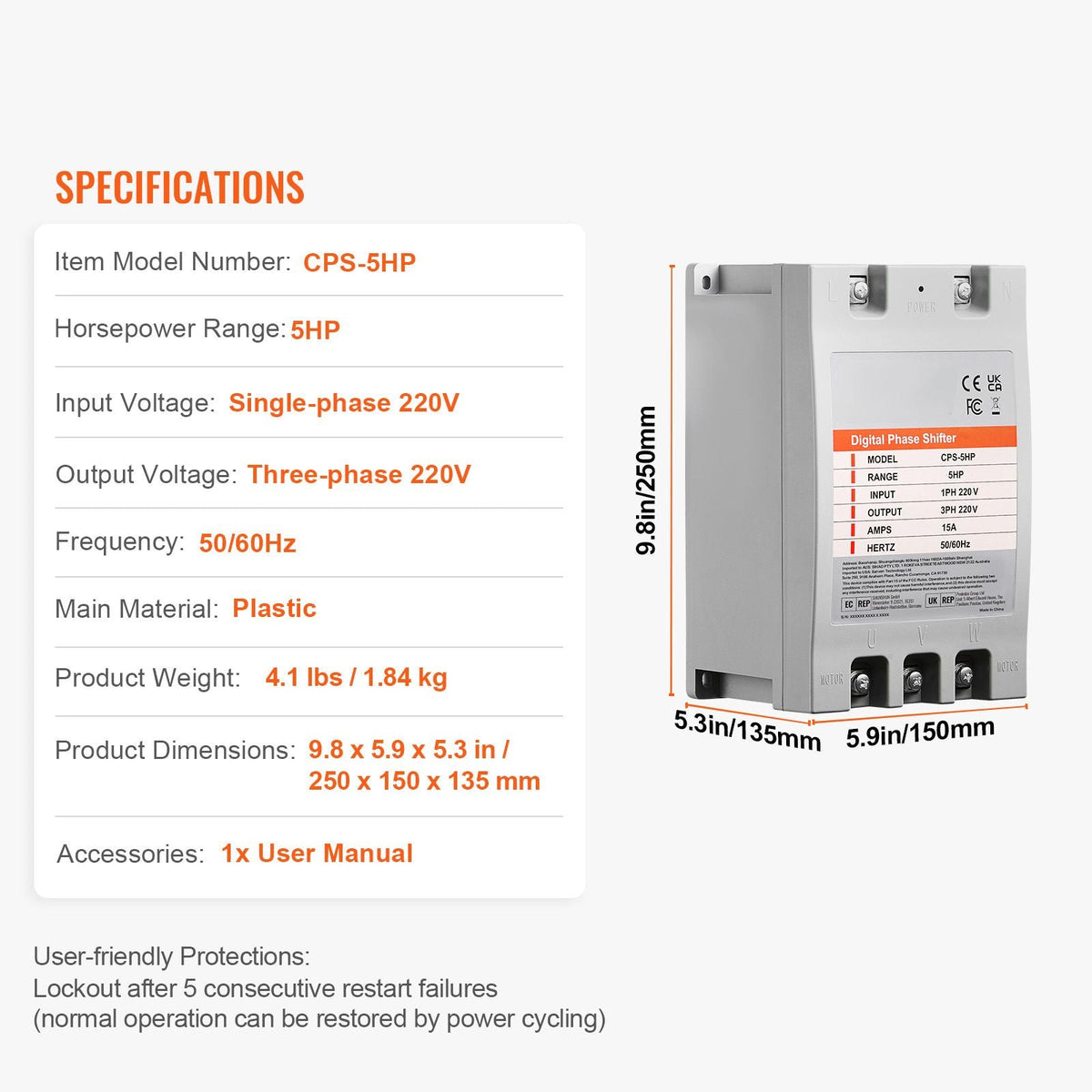 3 Phase Converter - 5HP 15A 220V Single Phase to 3 Phase Converter, Digital Phase Shifter for Residential and Light Commercial Use, 220V Input/Output (One Converter for One Motor Only)