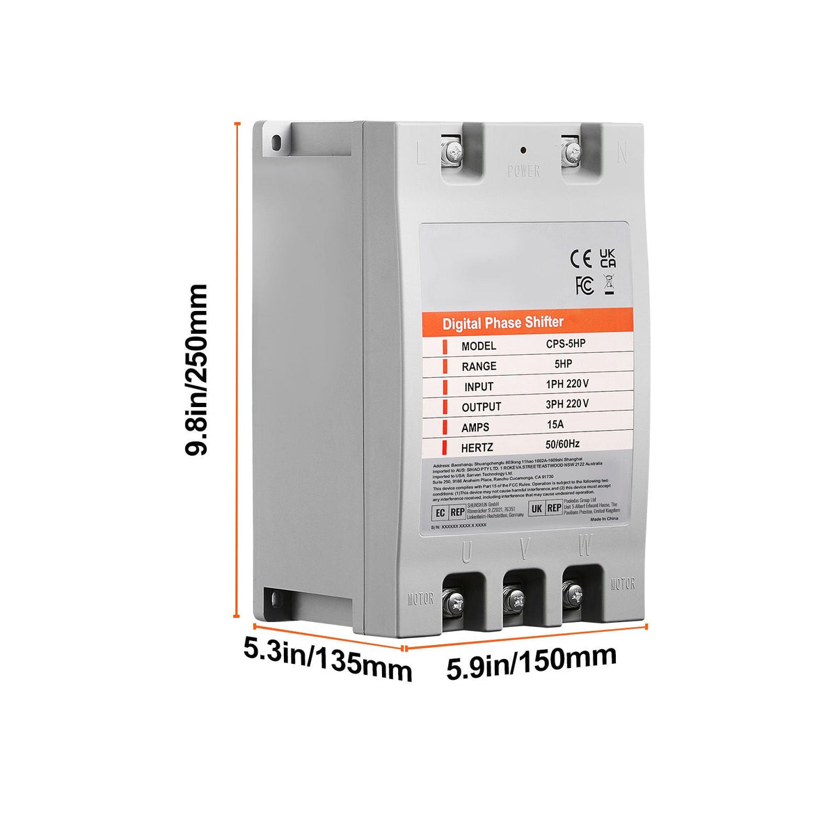 3 Phase Converter - 5HP 15A 220V Single Phase to 3 Phase Converter, Digital Phase Shifter for Residential and Light Commercial Use, 220V Input/Output (One Converter for One Motor Only)