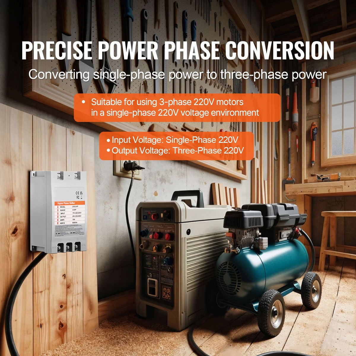 3 Phase Converter - 5HP 15A 220V Single Phase to 3 Phase Converter, Digital Phase Shifter for Residential and Light Commercial Use, 220V Input/Output (One Converter for One Motor Only)
