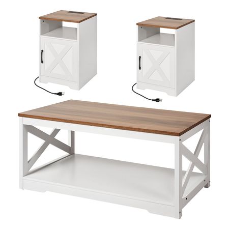 3 Pieces Farmhouse Coffee Table Sets, 40 in Industrial Coffee Table with 2 End Side Tables, Easy Assembly Coffee and End Tables Sets with Charging Station, for Office, Living Room & Apartment