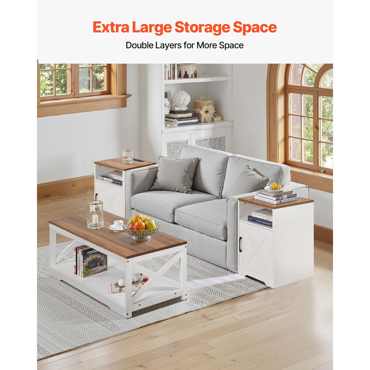 3 Pieces Farmhouse Coffee Table Sets, 40 in Industrial Coffee Table with 2 End Side Tables, Easy Assembly Coffee and End Tables Sets with Charging Station, for Office, Living Room & Apartment