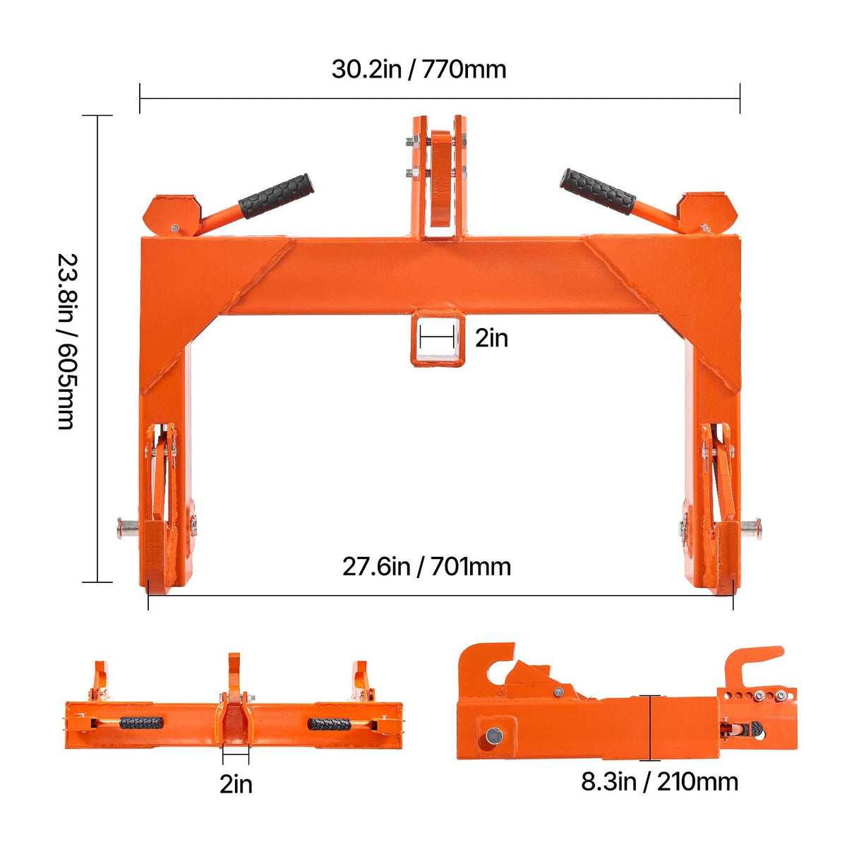 3-Point Quick Hitch with 2 in Receiver, 3000 Lbs Lift Capacity, 3-Pt Hitch with 5 Level Adjustable Bolt, Adaptation to Category 1 & 2 Tractor, Heavy Duty 3 Point Attachments, Orange
