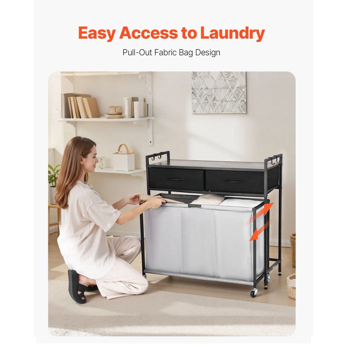 3 Section Laundry Sorter, Rolling Laundry Hamper with 2 Drawers, Hooks & Wheels, Rolling Basket Organizer Storage with Pull-Out Rolling Bags and Wooden Tabletop for Dirty Clothes, Bathroom