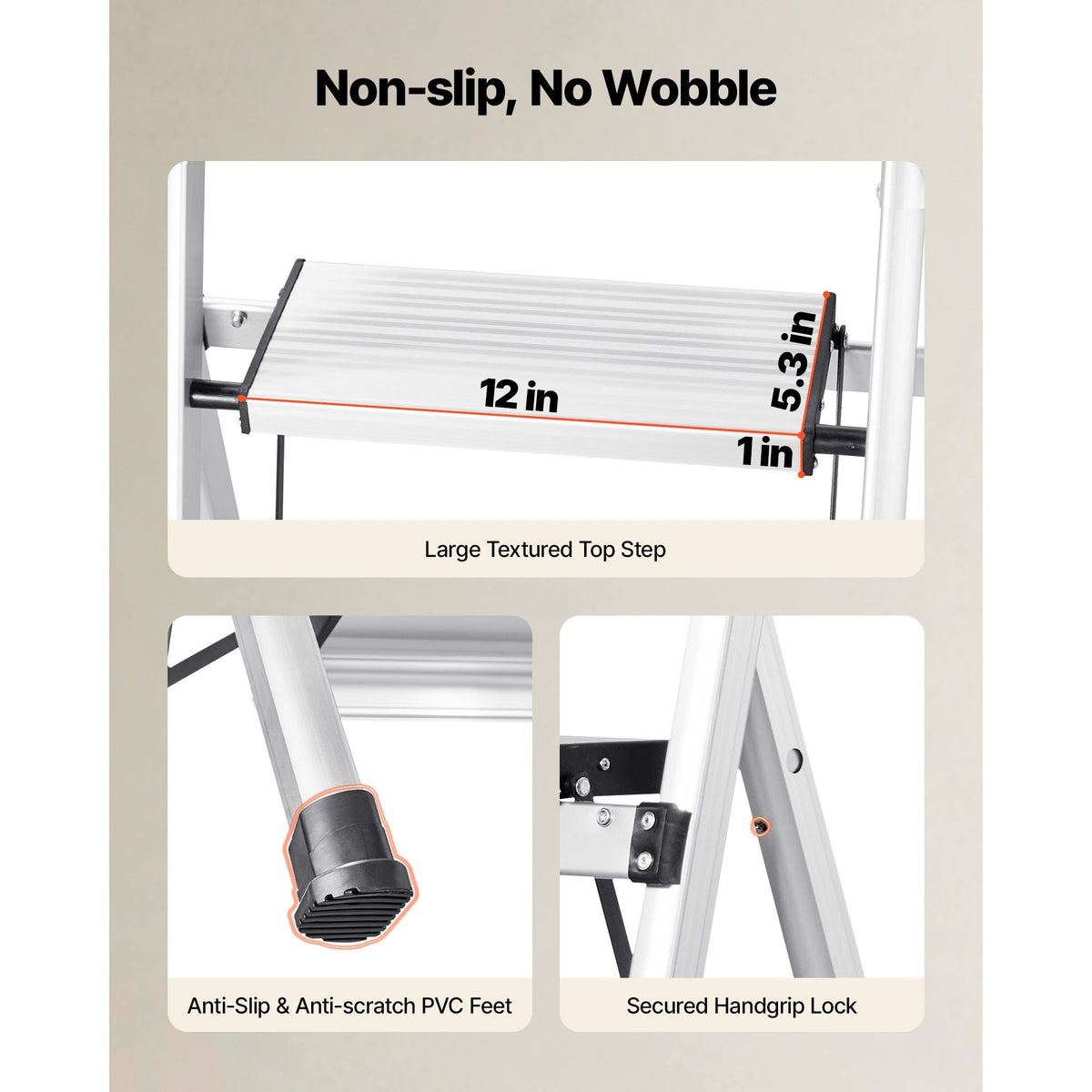 3 Step Ladder, Folding Step Stool with Wide Anti-Slip Pedal and Comfort Handgrip, 330 lbs Capacity Portable Aluminum Stepladder, Multi-Use for Kitchen, Warehouse, Household and Office, Silver