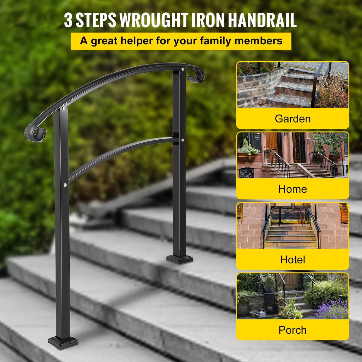 3-Step Transitional Handrail Fits 1 or 3 Steps Matte Stair Rail Wrought Iron Handrail with Installation Kit Hand Rails for Outdoor Steps (Unadjustable) (Black)