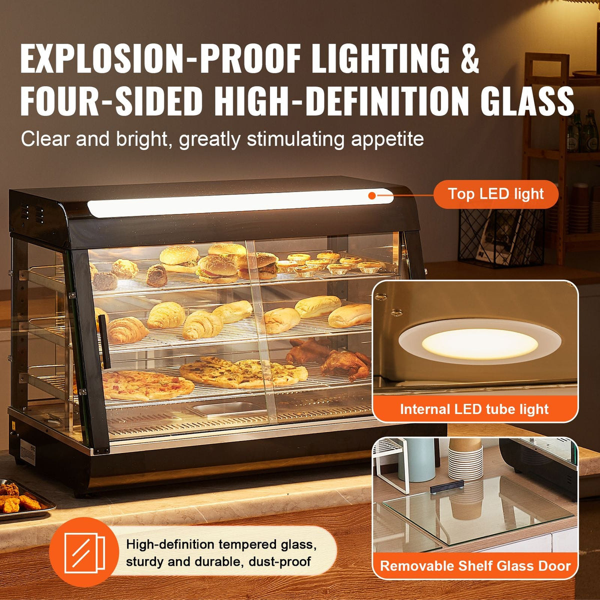 3-Tier Commercial Food Warmer Display, 1500W Food Display Warmer with Light, Adjustable Shelf and Temperature Display, 86-185 F Steam Heating, 130L for Hamburger, Pizza, Bread, Fried Chicken