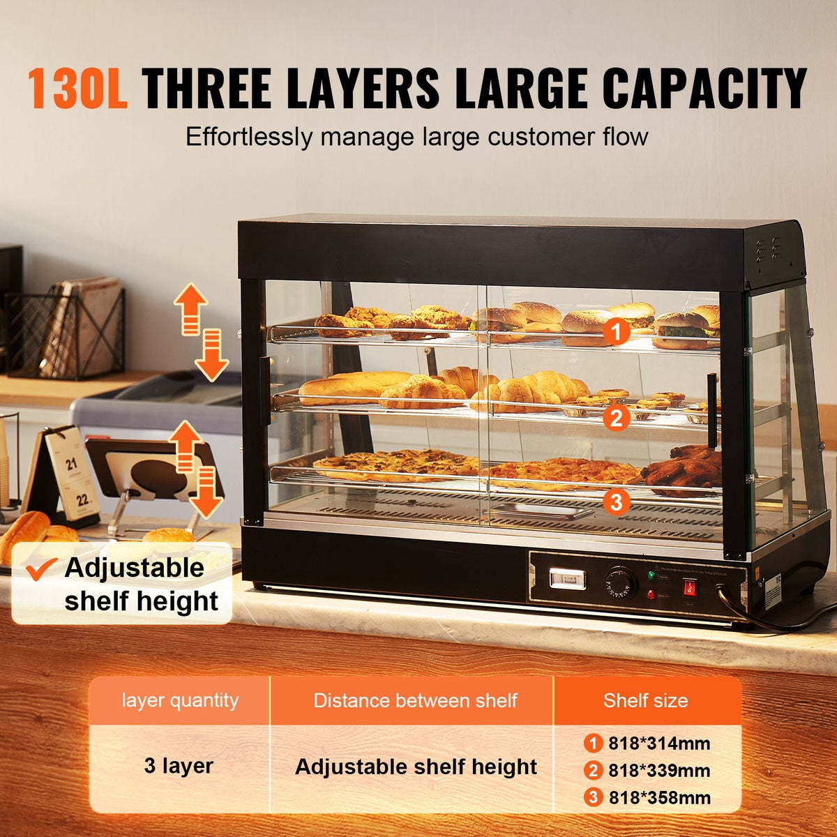 3-Tier Commercial Food Warmer Display, 1500W Food Display Warmer with Light, Adjustable Shelf and Temperature Display, 86-185 F Steam Heating, 130L for Hamburger, Pizza, Bread, Fried Chicken