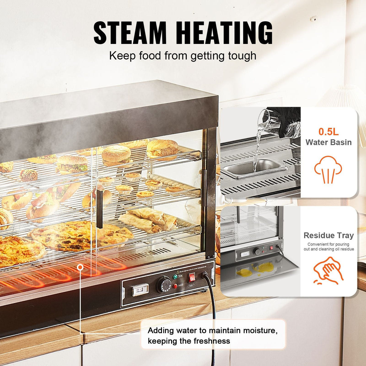 3-Tier Commercial Food Warmer Display, 1500W Food Display Warmer with Light, Adjustable Shelf and Temperature Display, 86-185 F Steam Heating, 130L for Hamburger, Pizza, Bread, Fried Chicken