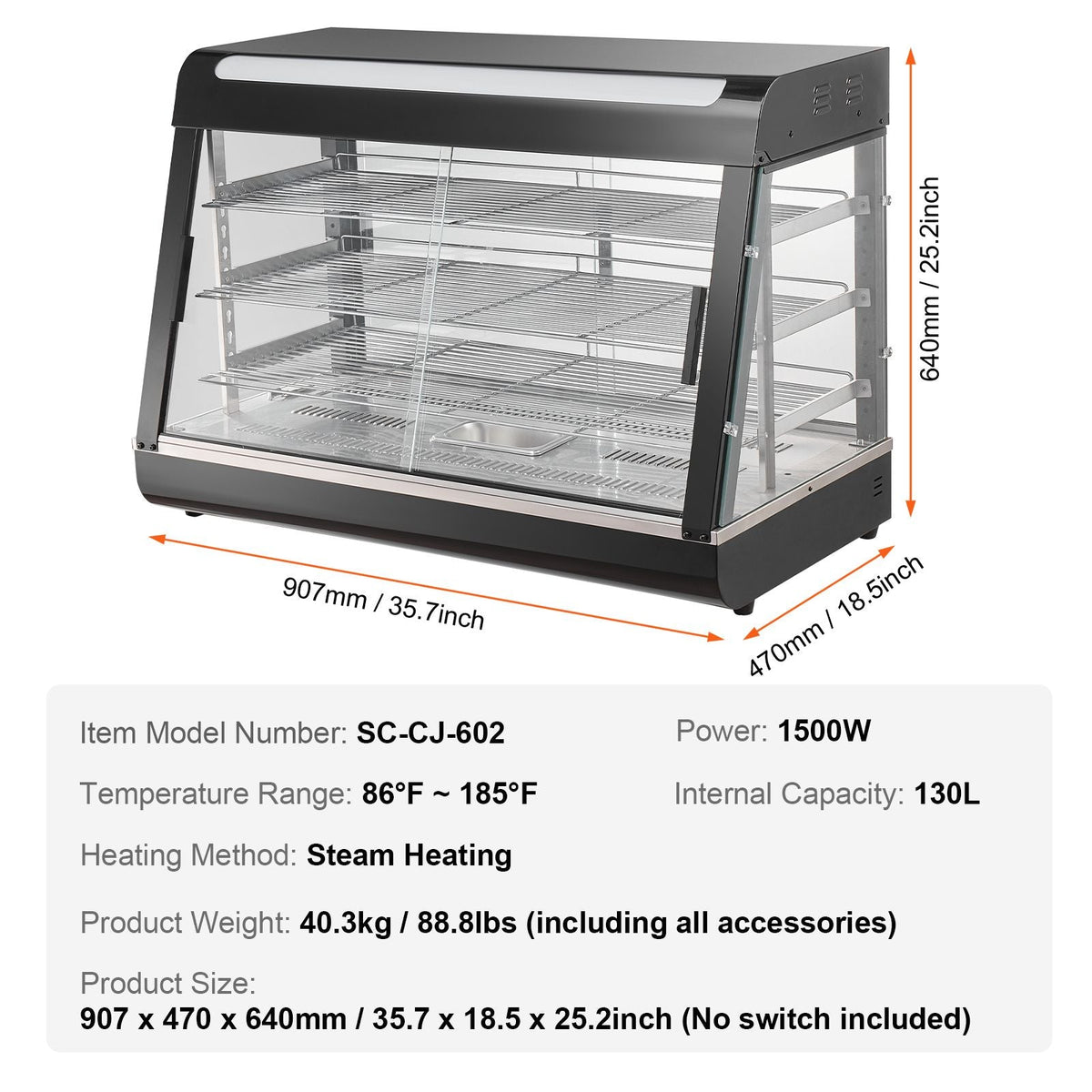 3-Tier Commercial Food Warmer Display, 1500W Food Display Warmer with Light, Adjustable Shelf and Temperature Display, 86-185 F Steam Heating, 130L for Hamburger, Pizza, Bread, Fried Chicken