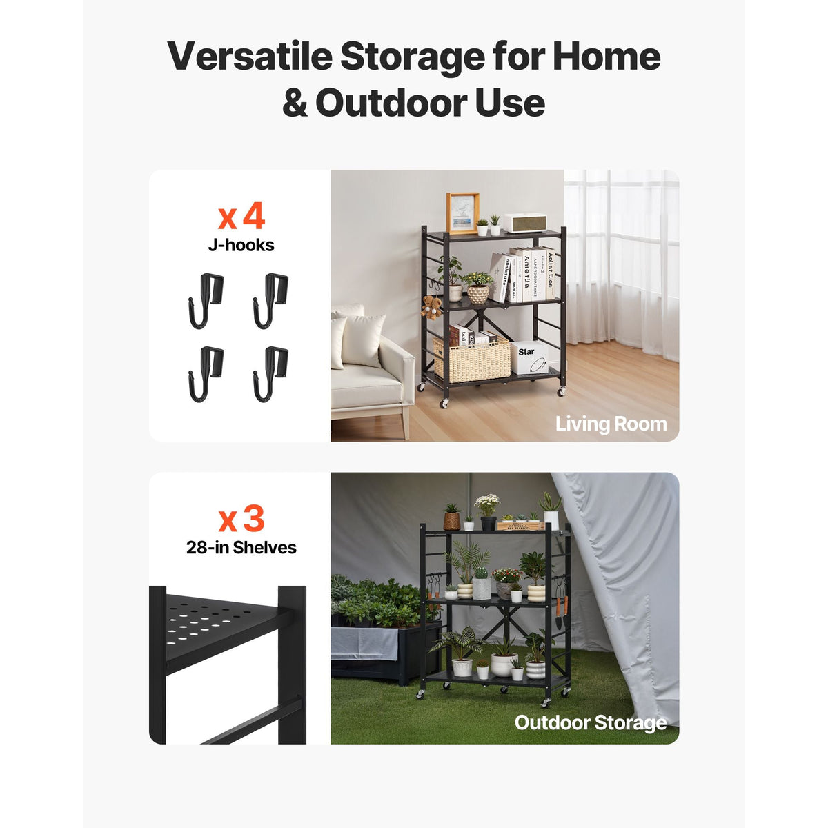 3-Tier Foldable Storage Shelf, 28W x 13D x 36H Inch Folding Metal Rack Shelving Unit, No Assembly Organizer Shelf with 5 Wheels & 4 Hooks for Pantry, Kitchen, Garage, Basement, Black