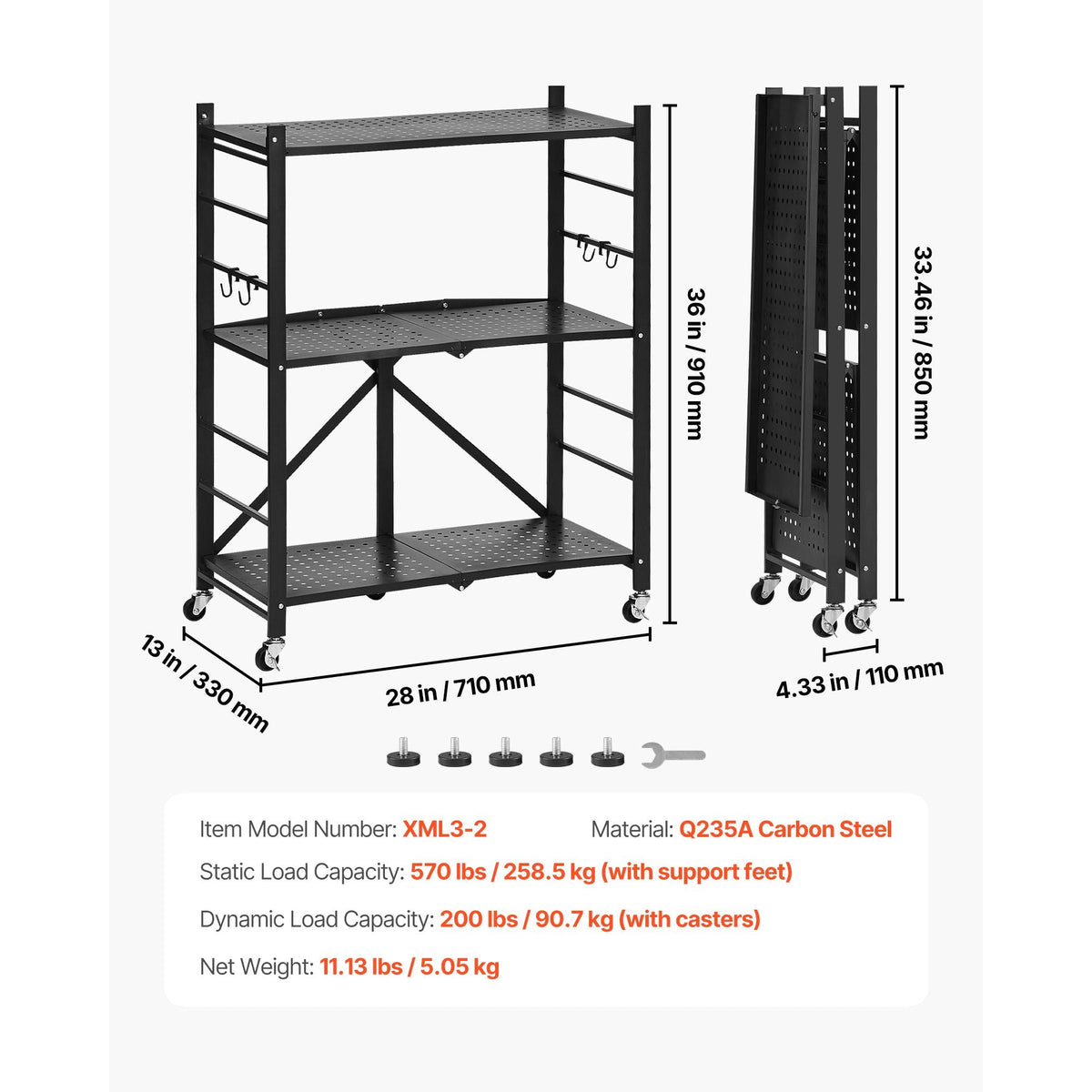 3-Tier Foldable Storage Shelf, 28W x 13D x 36H Inch Folding Metal Rack Shelving Unit, No Assembly Organizer Shelf with 5 Wheels & 4 Hooks for Pantry, Kitchen, Garage, Basement, Black