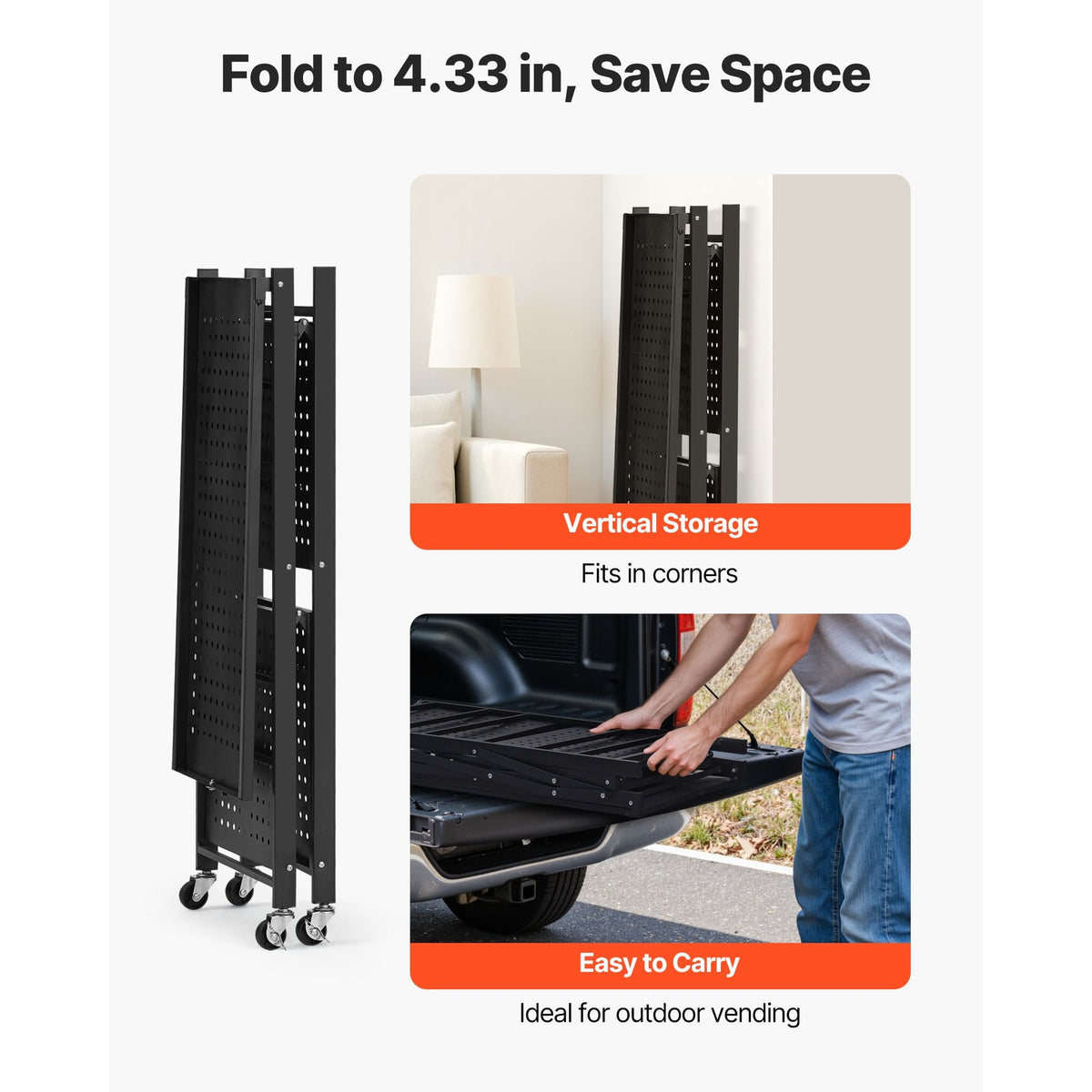 3-Tier Foldable Storage Shelf, 28W x 13D x 36H Inch Folding Metal Rack Shelving Unit, No Assembly Organizer Shelf with 5 Wheels & 4 Hooks for Pantry, Kitchen, Garage, Basement, Black