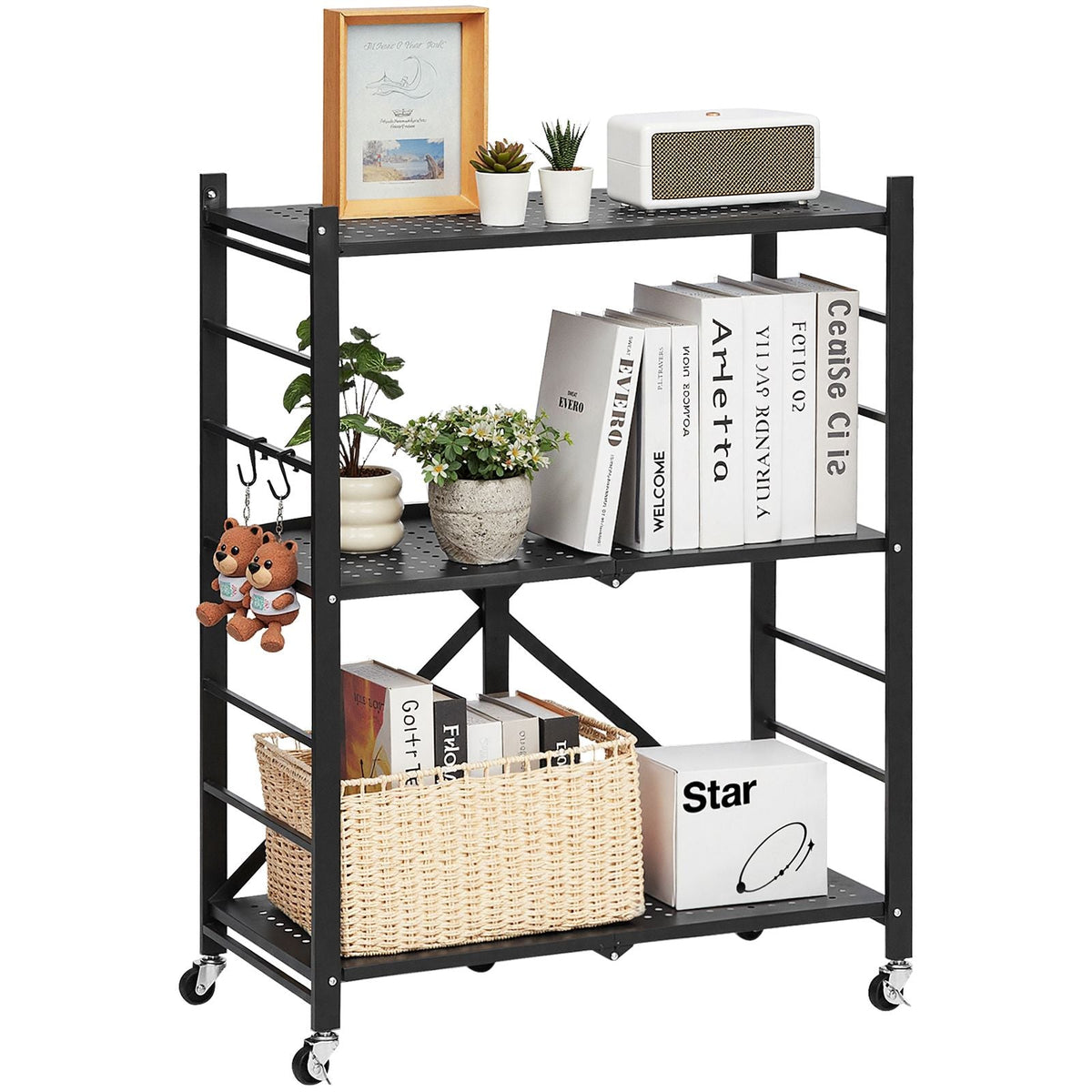 3-Tier Foldable Storage Shelf, 28W x 13D x 36H Inch Folding Metal Rack Shelving Unit, No Assembly Organizer Shelf with 5 Wheels & 4 Hooks for Pantry, Kitchen, Garage, Basement, Black