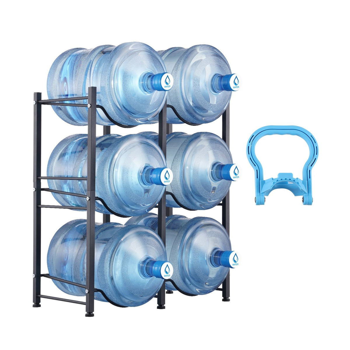 3 Tiers Water Jug Holder, 5 Gallon Water Bottle Holder, Double Row Water Bottle Rack for 6 Bottles, Heavy Duty Water Jug Rack for Kitchen, Office, Living Room, Black