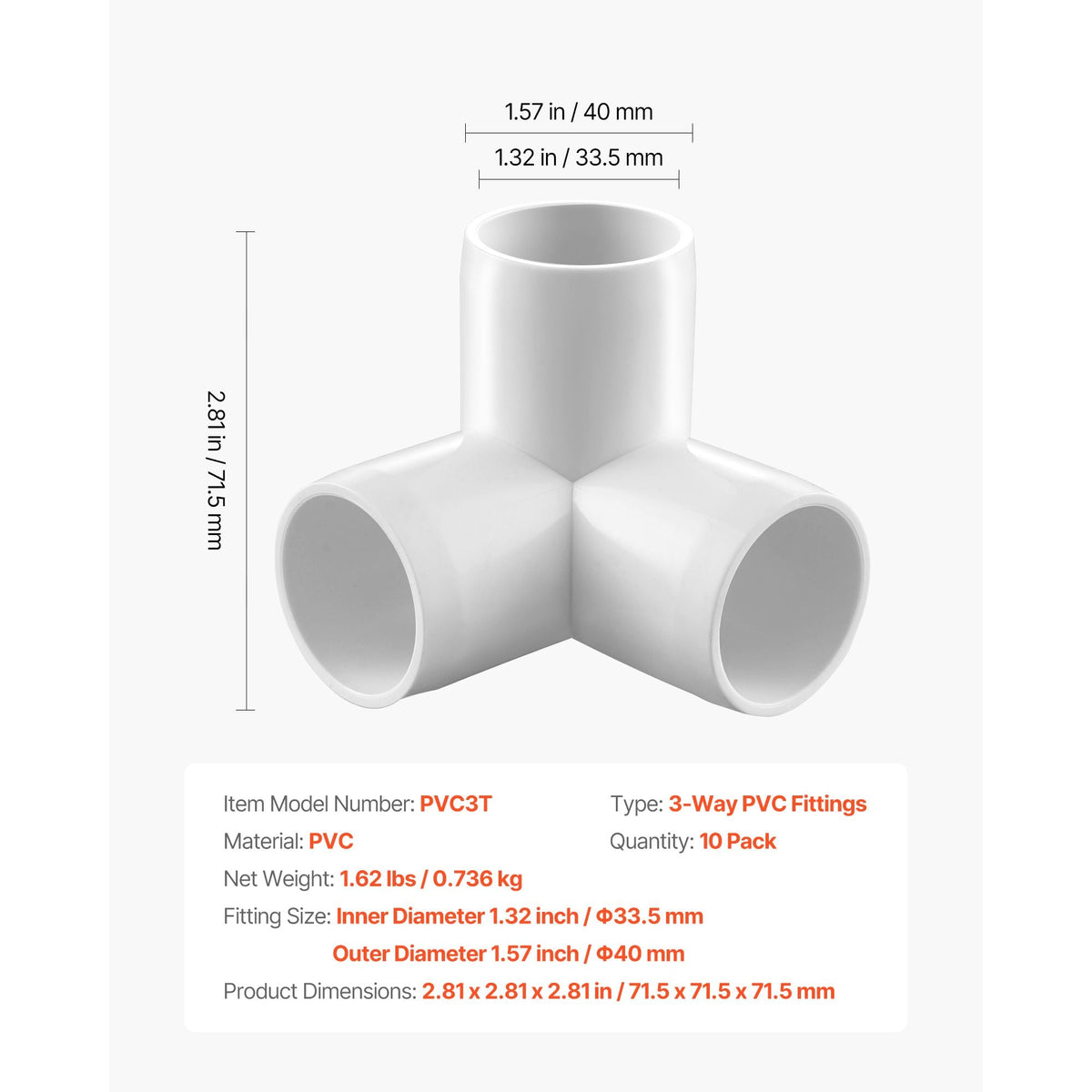 3-Way PVC Fittings, 1-inch PVC Pipe Joints Elbow Connector, 10-Pack Furniture Grade PVC Tee Fittings for DIY Storage Rack, Animal Cage, Pool or Garden Support Frame, Impact & Weather-Resistant