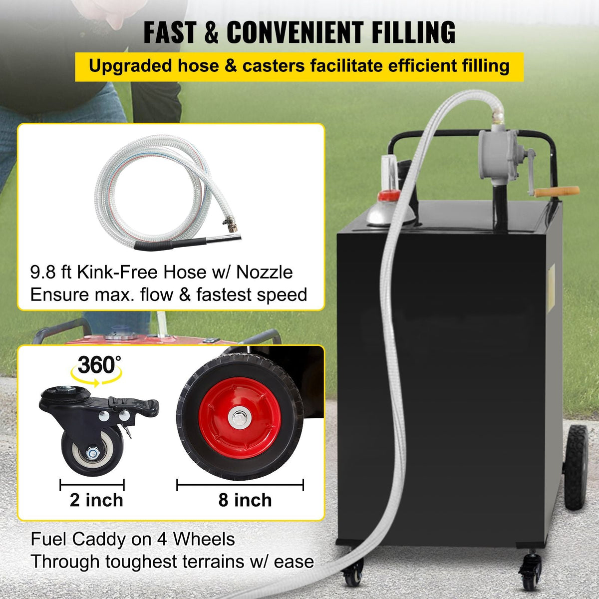 30 Gallon Fuel Caddy, Gas Storage Tank & 4 Wheels, with Manuel Transfer Pump, Gasoline Diesel Fuel Container for Cars, Lawn Mowers, ATVs, Boats, More, Black
