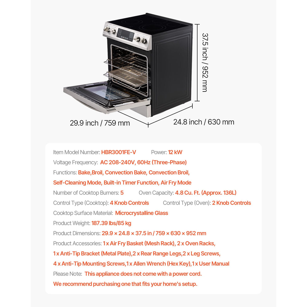 30 in Electric Range Oven, 4.8 Cu. Ft. Capacity Compact Freestanding Oven, Stainless Steel Kitchen Stove, with 5 Burners, Timer, Self-Cleaning, Easy Reach Racks, Storage Drawer(No Power Cord)