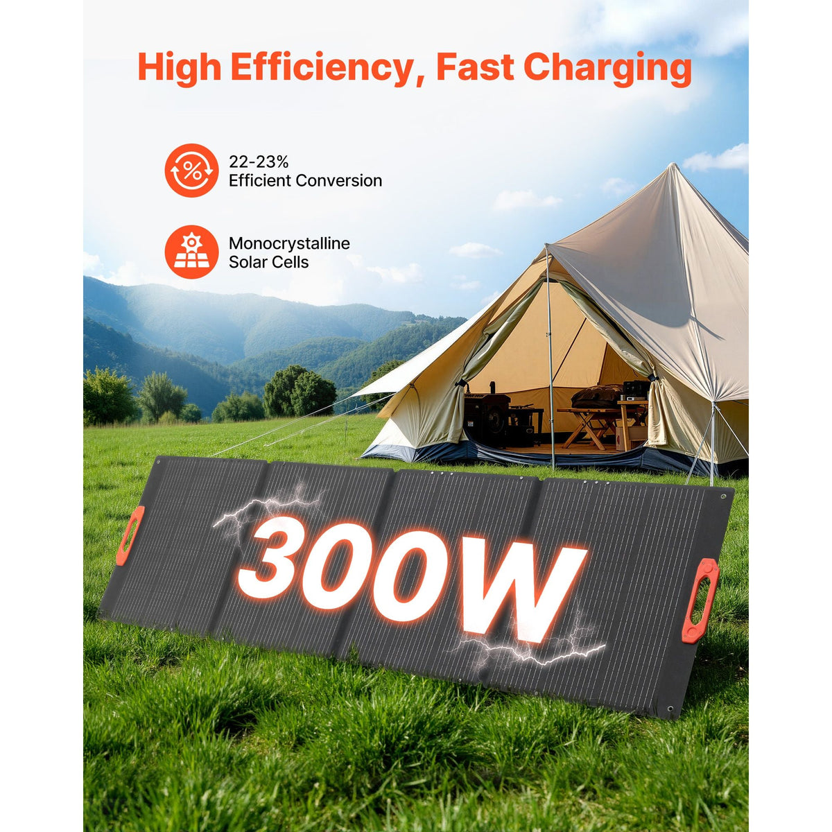 300W Foldable Monocrystalline Solar Panel, 23% High-Efficiency Portable Mono Solar Panel Charger with MC4 Output & 10-in-1 DC Adapters, IP67 Waterproof for Power Stations, Camping, Hiking Trips